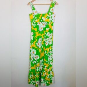 Vintage 70s Malia Hawaiian maxi dress in yellow, white and green daisy print.